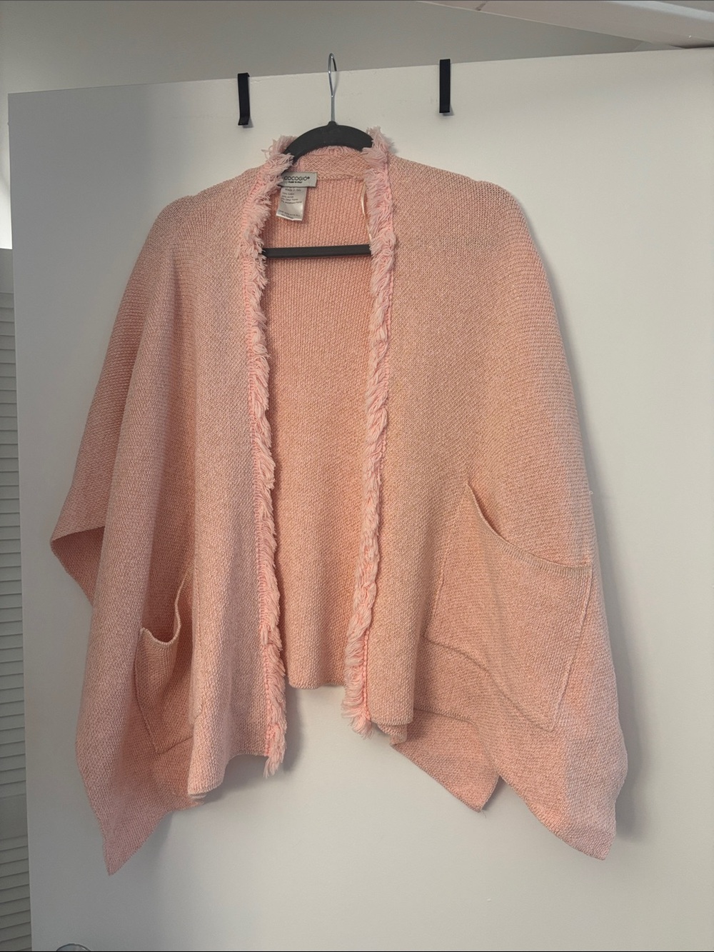 Fringed Open-Front pink Knit Poncho with Pockets